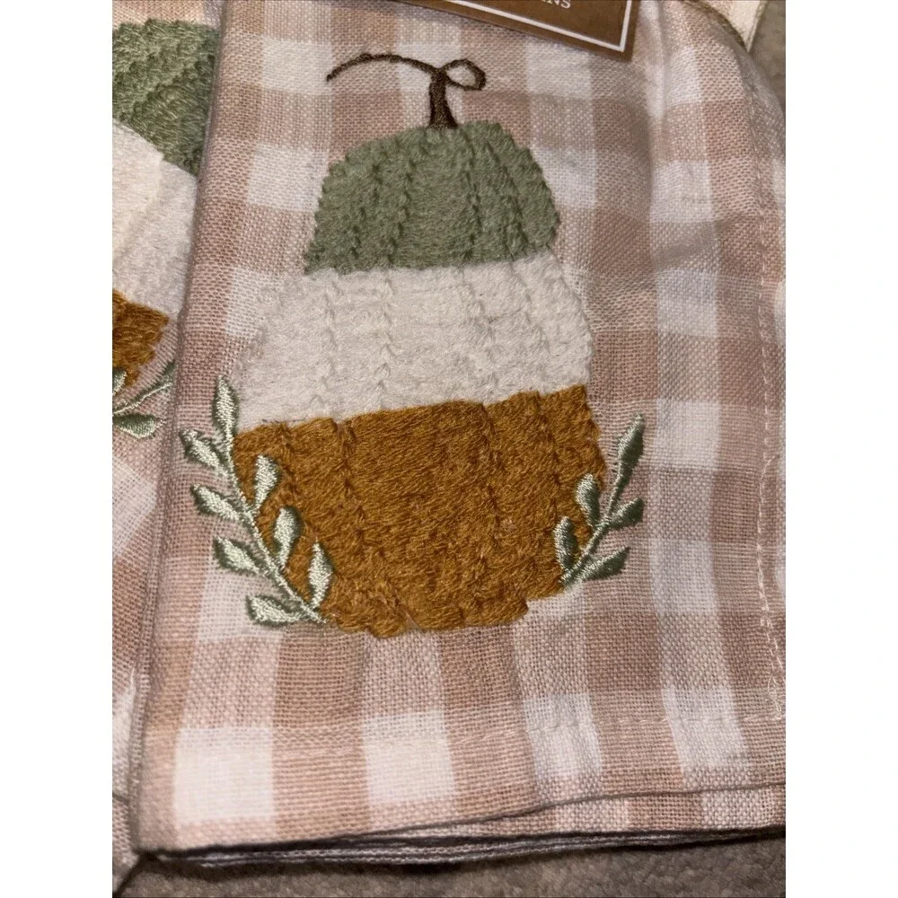 NWT Mudpie Pumpkin Fall Embroidered Gingham Set Of Four Napkins